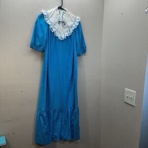 Vintage 70s Prairie Cottagecore Maxi Muumuu Dress Bib Yoke Lace Blue Ruffled